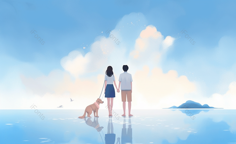 手绘情侣携带小狗牵手在海边的场景,插画/手绘图,插画/手绘图库,插画/手绘图下载,插画/手绘